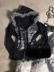 Aiertu - Y2k Gothic Black Printed Fur Collar Slim Fit Sweatshirts High Street Personality Dressing Up Jacket for Women Oversized Clothes Aiertu