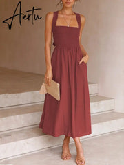 Backless Criss Cross Elastic Bust Somcking Orange Women A-line Elegant Maxi Dress Sundress Pockets Tank Solid Vestido Summer Aiertu