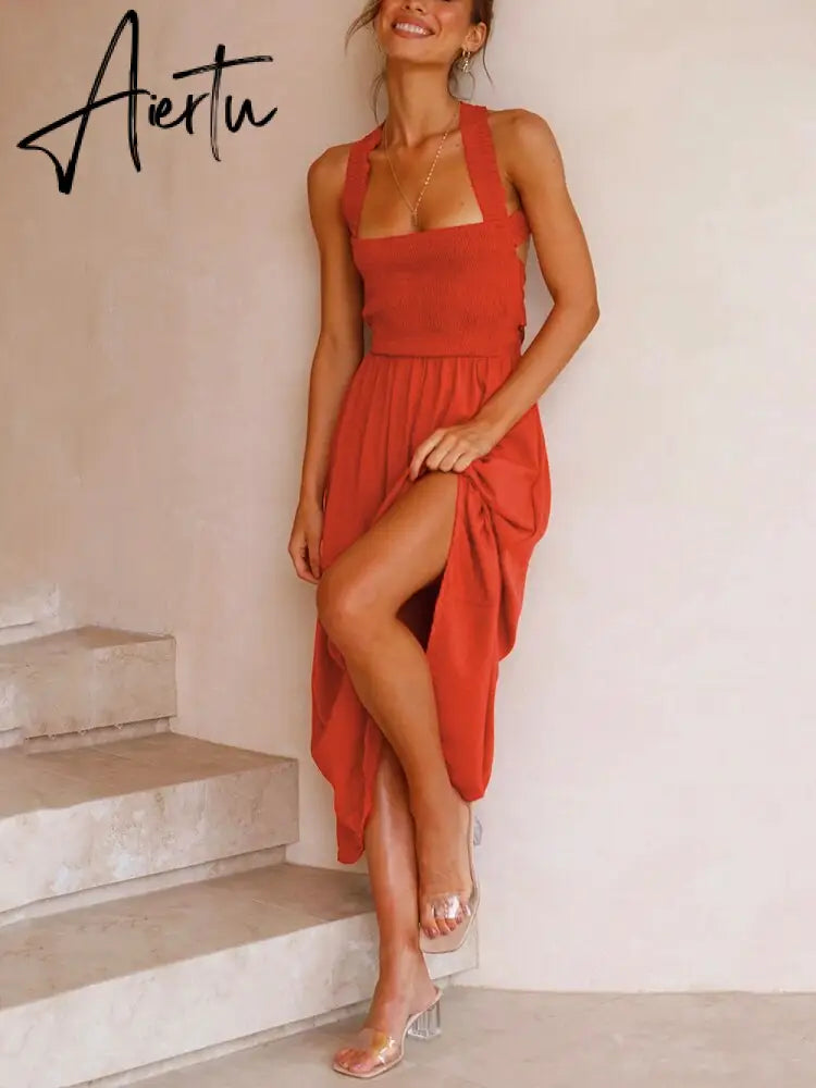 Backless Criss Cross Elastic Bust Somcking Orange Women A-line Elegant Maxi Dress Sundress Pockets Tank Solid Vestido Summer Aiertu