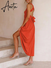 Backless Criss Cross Elastic Bust Somcking Orange Women A-line Elegant Maxi Dress Sundress Pockets Tank Solid Vestido Summer Aiertu
