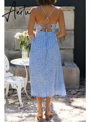 Backless Criss-cross Lace Up Halter Sleeveless Blue Summer Dress Sexy Maxi Elegant Party Beach Sleeveless Sundress Green Cotton Aiertu
