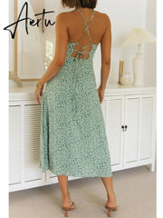 Backless Criss-cross Lace Up Halter Sleeveless Blue Summer Dress Sexy Maxi Elegant Party Beach Sleeveless Sundress Green Cotton Aiertu