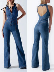 Backless Heart Cutout Bodycon Jumpsuit For Women Casual Sleeveless Slim One-Piece Outfits Retro Denim Jumpsuits New Aiertu