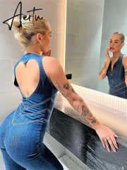 Backless Heart Cutout Bodycon Jumpsuit For Women Casual Sleeveless Slim One-Piece Outfits Retro Denim Jumpsuits New Aiertu