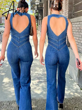 Backless Heart Cutout Bodycon Jumpsuit For Women Casual Sleeveless Slim One-Piece Outfits Retro Denim Jumpsuits New Aiertu