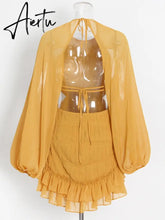 Backless Mini Dress For Women Round Neck Lantern Sleeve High Waist Solid Minimalsit Dresses Female Spring Clothing Aiertu