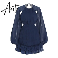 Backless Mini Dress For Women Round Neck Lantern Sleeve High Waist Solid Minimalsit Dresses Female Spring Clothing Aiertu