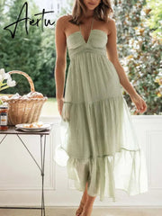 Backless Sexy Summer Dress for Women Off Shoulder Halter Long Dress Green V Neck Holiday Beach Sundress Party Boho Dress Aiertu