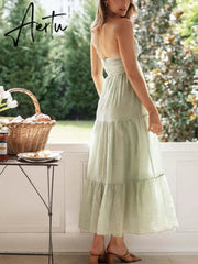 Backless Sexy Summer Dress for Women Off Shoulder Halter Long Dress Green V Neck Holiday Beach Sundress Party Boho Dress Aiertu