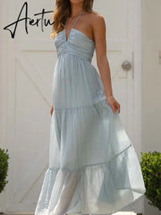 Backless Sexy Summer Dress for Women Off Shoulder Halter Long Dress Green V Neck Holiday Beach Sundress Party Boho Dress Aiertu