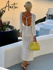 Backless Tie Up Knit Crochet Beach Long Dress Women Fall Spring Hollow-Out O-Neck Wrap Bodycon Dress Holiday Party Wear Aiertu