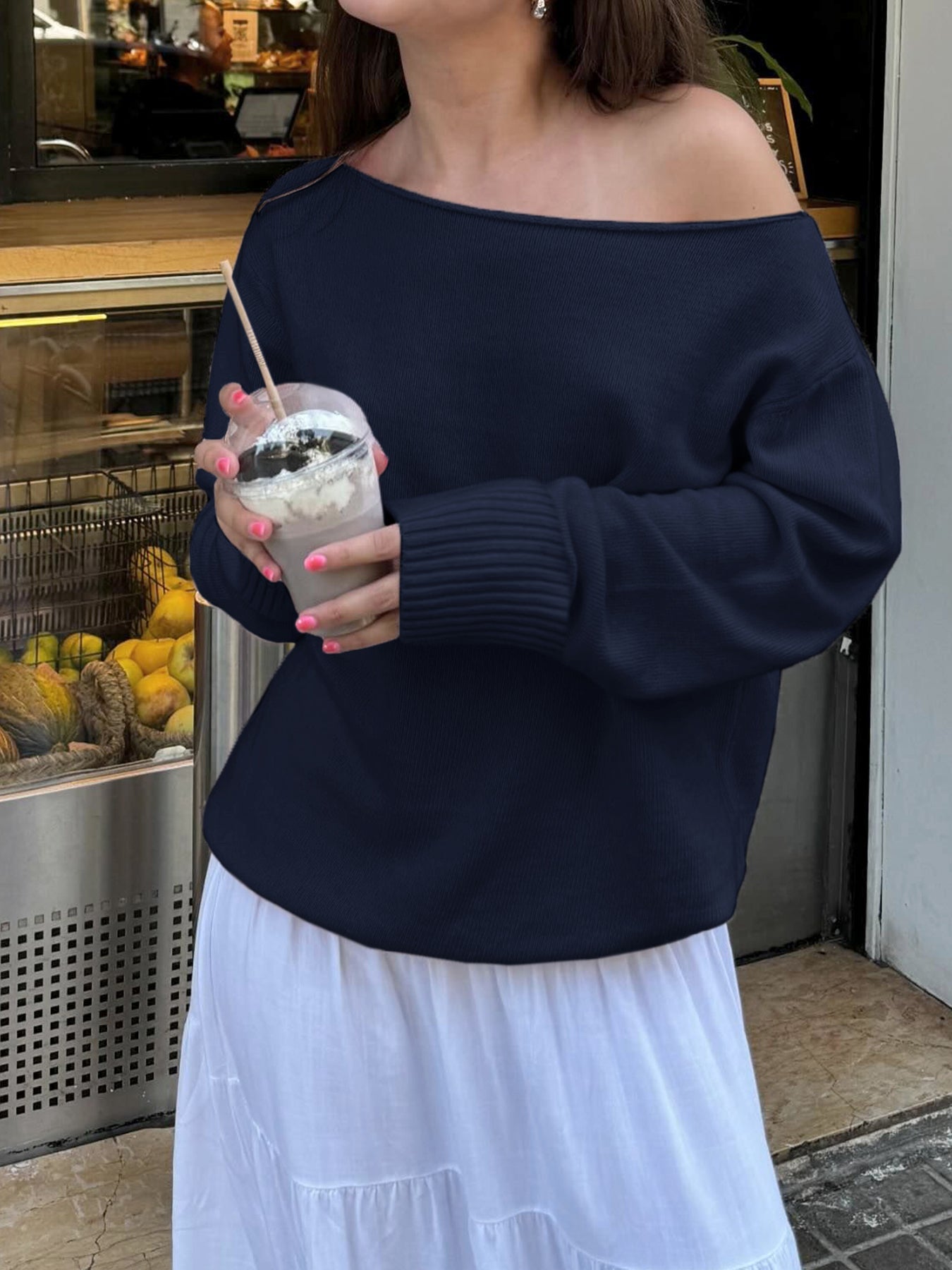 Aiertu - summer inspo Dark Blue Solid Minimalist Style Autumn Winter Sweaters Women White Simple Basic Casual Loose Knitted Pullover Jumpers Aiertu
