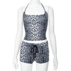 Aiertu - Spaghetti Strap Halter Sleeveless Crop Top And Shorts Leopard Print Summer Feminine New Arrivals Streetwear 2 Piece Set Aiertu
