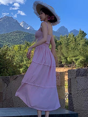 Aiertu - French Pink Womens Dresses Elegant Sweet Square Collar Sleeveless Lace-up Casual Vestidos Holiday Birthday Party Midi Dress New Aiertu