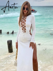 Bandage Lace Up Hot Sexy Slit Maxi Dress for Women Outfits Fashion Party Club Autumn Long Sleeve Dresses Vestido Aiertu