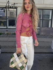 Bandage Round Neck Long Sleeve Hollow Out Crop Tops Women Fall Winter Cardigan Color Match Sweater Casual Top Aiertu