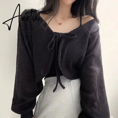 Basic Jackets Women Summer Daily Korean Style Sunscreen Lace-up Lantern Sleeve Trendy Elegant All-match Chic New Cardigan Top Aiertu