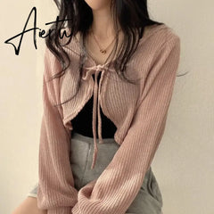 Basic Jackets Women Summer Daily Korean Style Sunscreen Lace-up Lantern Sleeve Trendy Elegant All-match Chic New Cardigan Top Aiertu