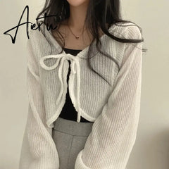 Basic Jackets Women Summer Daily Korean Style Sunscreen Lace-up Lantern Sleeve Trendy Elegant All-match Chic New Cardigan Top Aiertu