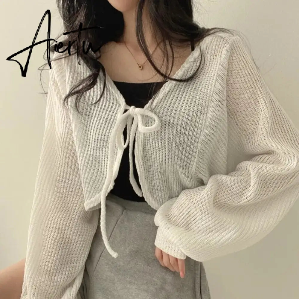 Basic Jackets Women Summer Daily Korean Style Sunscreen Lace-up Lantern Sleeve Trendy Elegant All-match Chic New Cardigan Top Aiertu