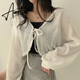Basic Jackets Women Summer Daily Korean Style Sunscreen Lace-up Lantern Sleeve Trendy Elegant All-match Chic New Cardigan Top Aiertu