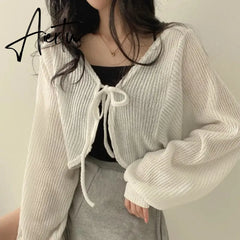Basic Jackets Women Summer Daily Korean Style Sunscreen Lace-up Lantern Sleeve Trendy Elegant All-match Chic New Cardigan Top Aiertu