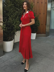 Aiertu - Fashion Women Contrasting Lapel Single Breasted Knitted Midi Dress Elegant V Neck Puff Short Sleeve Slim Dresses Chic Lady Robes Aiertu