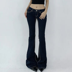 Aiertu - Vintage Dark Blue Y2K Flare Jeans Women Low Rise Skinny Denim Trousers Fashion Basic Boot Cut Pants Retro High Street Aiertu