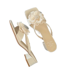 Aiertu - New Summer French Square Head Thick with Pearl Flower Flip-flops Women Wear Open-toed Flip-flops with Mid-heels Aiertu