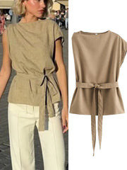 Aiertu - Women Summer Blouses Shirts Tops Fashion Solid O-Neck Asymmetry Sashes Bow Female Elegant Street Top Clothing Aiertu