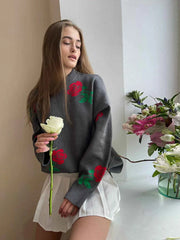 Aiertu - Flower Print Fashion Sweater Women's Casual Loose Female Knitted Top Winter Thick Warm Oversized Knitted Pullover Aiertu