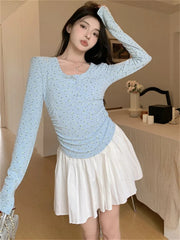 Aiertu - Slim-Fit T-Shirts Women Printed Florals Chic Sweet Spring Full Sleeve 2026 Sweet Loose Office Lady Casual New Tees Aiertu