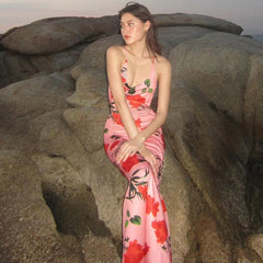 Aiertu - Sexy Backless Floral Print Slip Maxi Dress Beachwear Holiday Summer Sleeveless Long Dresse Robe Elegant Outfits Aiertu
