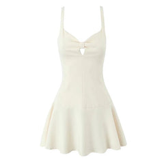 Aiertu - 2025 Women Sexy Elegant Spaghetti Straps Slim Dress Bow V Neck A-line Mini Dresses Party Robe Black Beige Aiertu