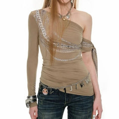 Aiertu - French Chain Print Sexy Off The Shoulder Design T Shirts Y2k Aesthetic High Street Punk American Vintage Tops Slim Harajuku Tees Aiertu