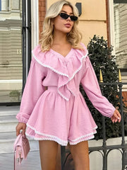 Aiertu - Lace Ruffled Tops Shorts Fashion Set Ladies Pajamas Home Clothes Fashion Long Sleeve Top Cotton Casual Matching Sets Fall Aiertu