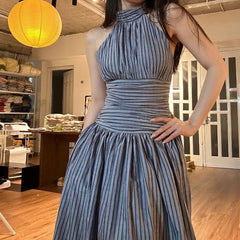 Aiertu Stripe Halter Backless Pleated Fashion Elegant Casual Bodycon Midi Dress Spring Summer Fashion Party New Women Vestidos Aiertu