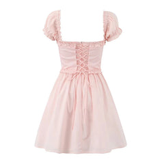 Aiertu - Summer Women Elegant Pink Mini Dress Vintage Puff Sleeve Slim Low Waist Birthday Party Dresses Bandage Back Robe Aiertu