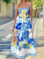 Aiertu - Women s Boho Maxi Dress Floral Print Sleeveless V-Neck Backless Tie-Dye Beach Dress Summer Casual Long Dress Fashion Aiertu