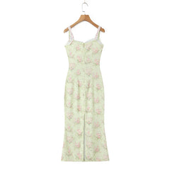 Aiertu - French Style Floral Print Sling Dress Women Sexy Slit Holiday Summer Dresses Elegant Lady Prairie Chic Party Robe Midi Vestidos Aiertu