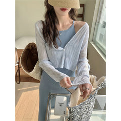Aiertu Women Cropped Sun Proof Shirts White V Neck Long Sleeve Blouses Summer Korean Fashion Black Sun Protection Cardigan Tops Aiertu