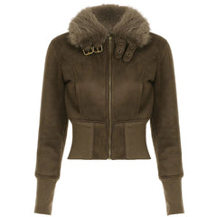Aiertu - Women Retro Fur Collar Faux Suede Zipper Jacket Fashion Y2K Slim Winter Plush Coat Streetwear Korean Aesthetic Outfit Aiertu
