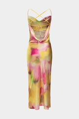 Aiertu Satin Tie Dye Print Cowl Neck Tie-Up Backless Sleeveless Midi Dress Aiertu