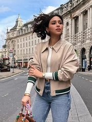 Aiertu - Women Zipper Jackets Bombers Coat Cargo Outwear Casual Loose Long Sleeve Tops With Beige Lady Patchwork Jacket 2026 Autumn New Aiertu