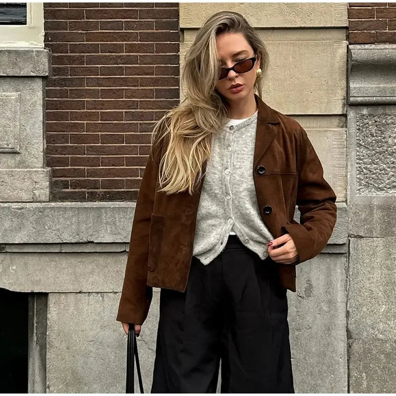 Aiertu - Vintage Suede Short Jackets Women Casual Lapel Single-breasted Long Sleeve Coat 2026 Autumn New Female Chic Brown Tops Outwear Aiertu