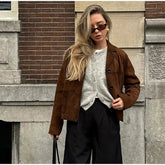Aiertu - Vintage Suede Short Jackets Women Casual Lapel Single-breasted Long Sleeve Coat 2026 Autumn New Female Chic Brown Tops Outwear Aiertu
