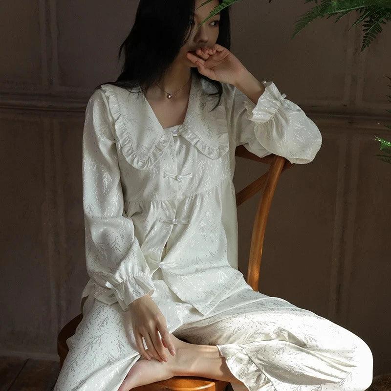 Aiertu - Elegant Jacquard Flower Women's Pajamas Set Satin Two Pieces Loungewear Casual Ruffle Collar Sleepwear Princess Style Pyjamas Aiertu