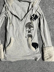 Aiertu - Y2k Aesthetic Print Fur Patchwork Hoodie Women Streetwear Drawstring Hooded Tops Harajuku Sweatshirt Slim Grunge Pocket Hoody Aiertu