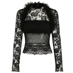 Aiertu - party look snspos Y2K Black Lace Patchwork Fur Two Piece Set Transparent Sexy Tube Top and Long Sleeve Smock Matching Sets Lady Spring Aiertu