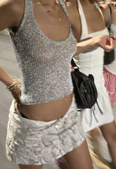 Aiertu - Summer Sliver See-Through Glitter Knitted Tank Tops Women Sexy O-neck Loose Sleeveless Vest Y2K High Street Tops 2025 New Aiertu